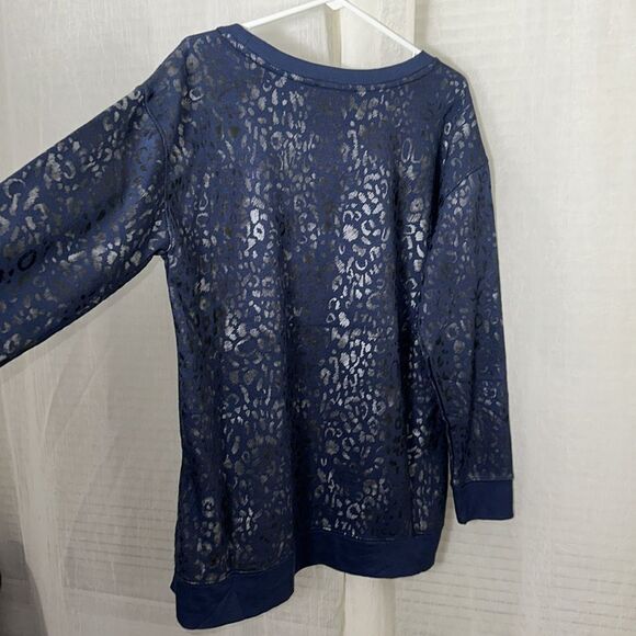 JANE + DELANCEY L Navy Silver Black Metallic Animal Print Crew Fleece Pullover - Picture 7 of 12